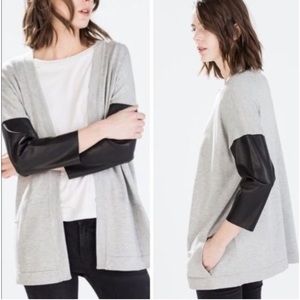 Zara Knit Open Cardigan Faux Leather Sleeves